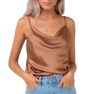 Malibu Swan Neckline Caramel Satin Cami,S-XXL